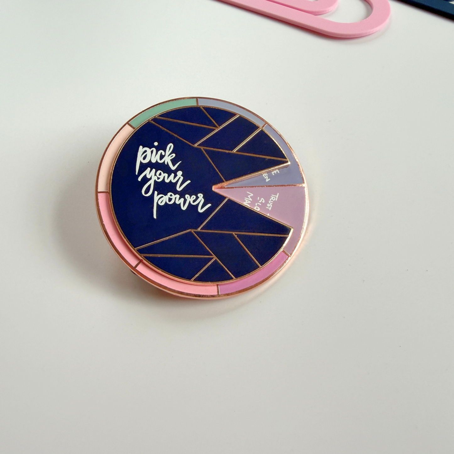 Pick Your Power enamel spinner pin with 8 motivational quotes – mindfulness gift for creatives.