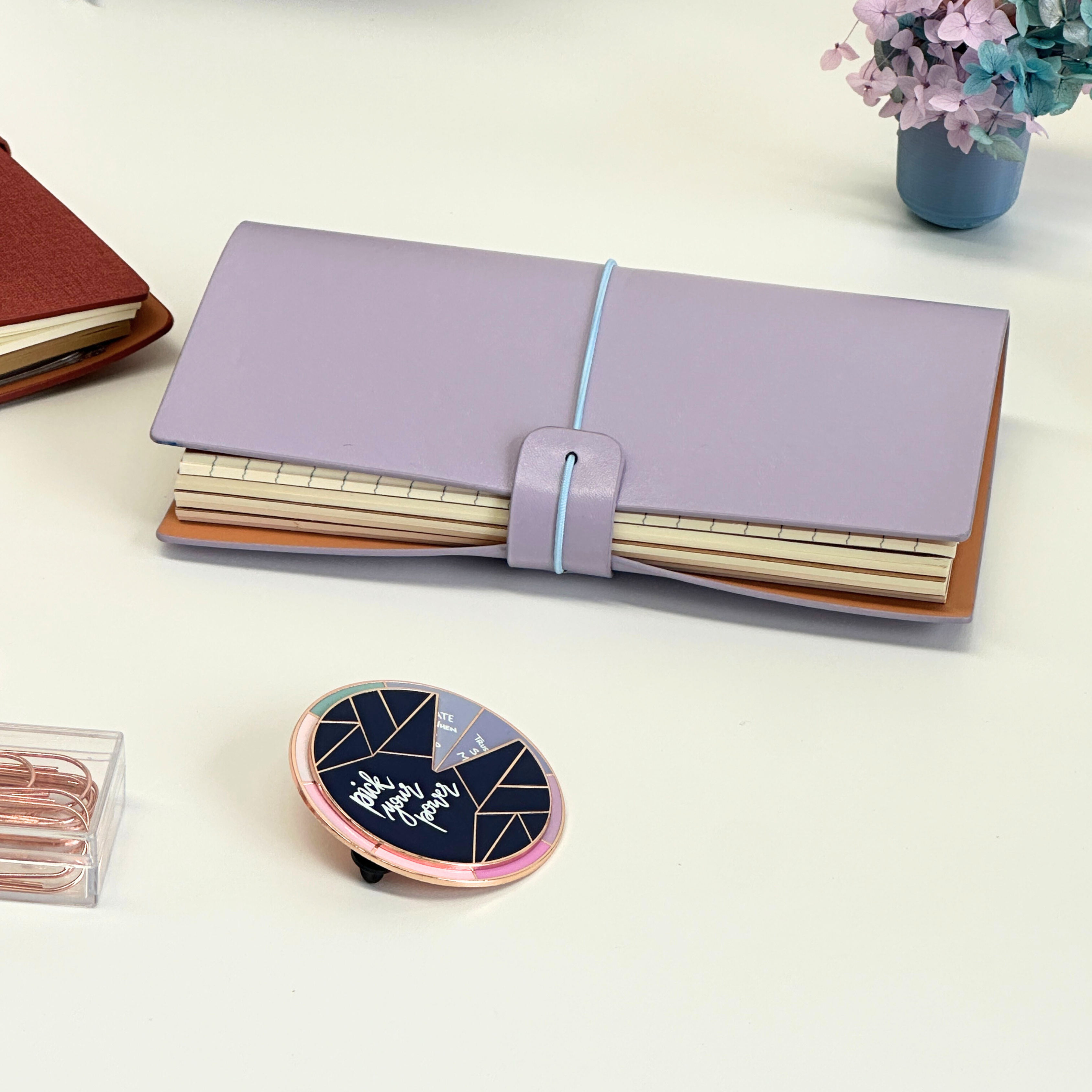 Purple journal and motivational enamel pin bundle - limited edition gift set for creatives