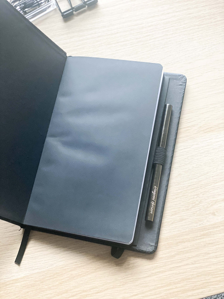 Blue Notebook with Black edges and Gunmetal pen